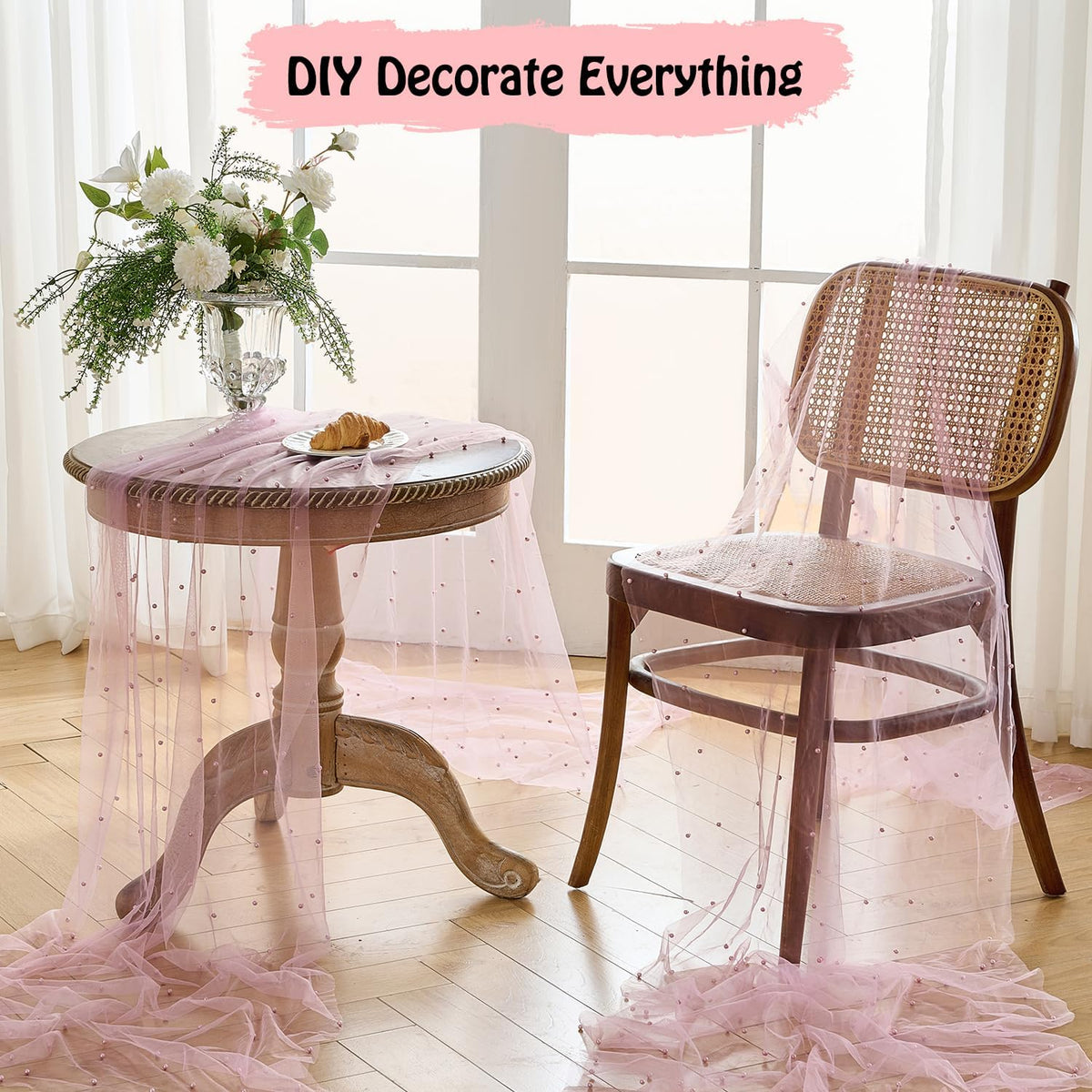 1 Pack Pearl Table Runner -10FT Blush Pink Boho Tulle Table Runners 120 Inches Long Rustic Sheer Lace Fabric Centerpieces for Wedding Arch Birthday Party Bridal Veil Baby Shower Decorations
