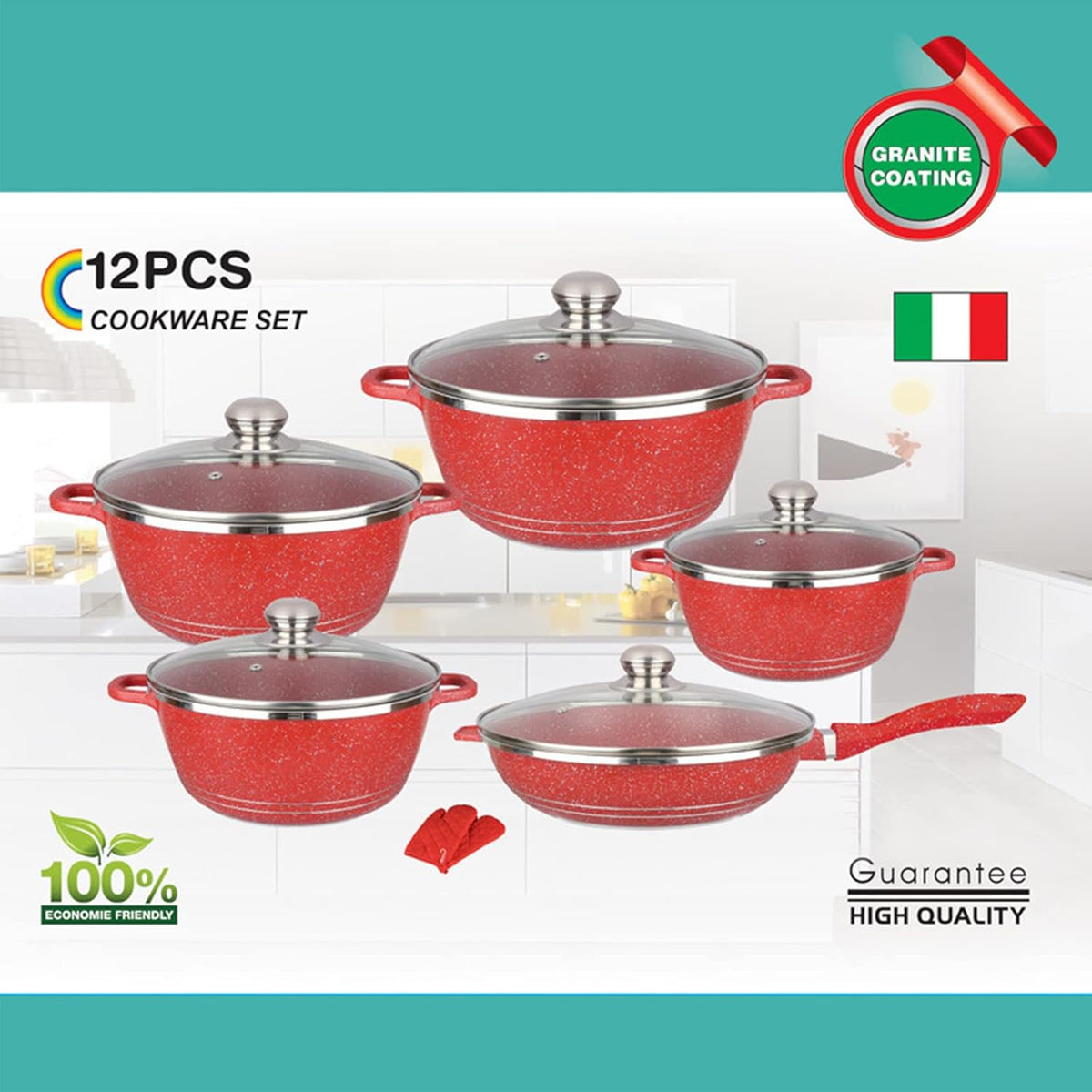 6-Piece Pink Nonstick Cookware Set with Glass Lids, Marble-Coated Aluminum Pots & Pans, Includes 20cm, 24cm, 28cm, 32cm Saucepans & 28cm Frying Pan, Heat-Resistant Gloves
