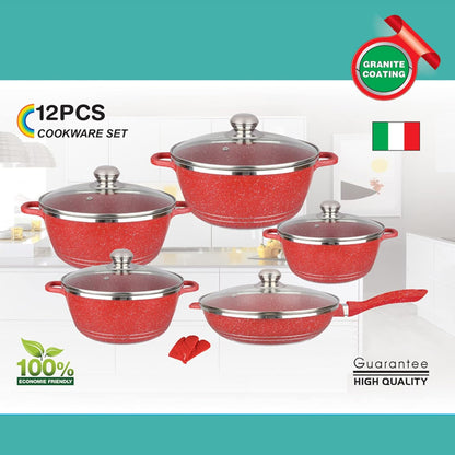 6-Piece Pink Nonstick Cookware Set with Glass Lids, Marble-Coated Aluminum Pots & Pans, Includes 20cm, 24cm, 28cm, 32cm Saucepans & 28cm Frying Pan, Heat-Resistant Gloves