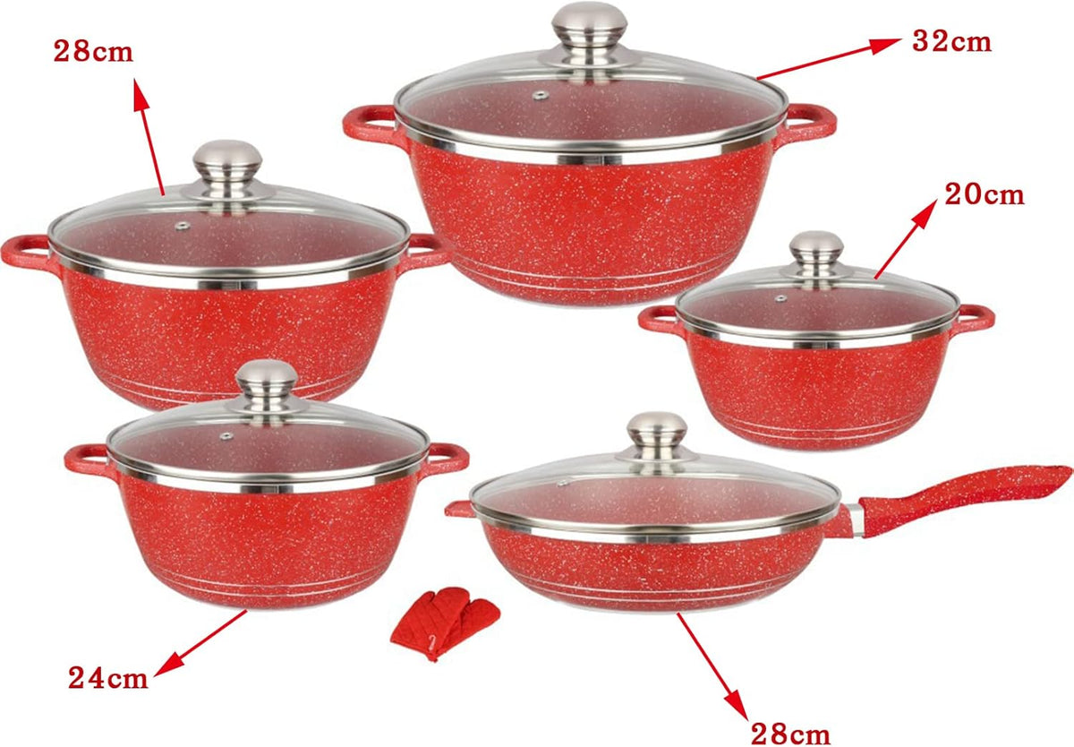 6-Piece Pink Nonstick Cookware Set with Glass Lids, Marble-Coated Aluminum Pots & Pans, Includes 20cm, 24cm, 28cm, 32cm Saucepans & 28cm Frying Pan, Heat-Resistant Gloves