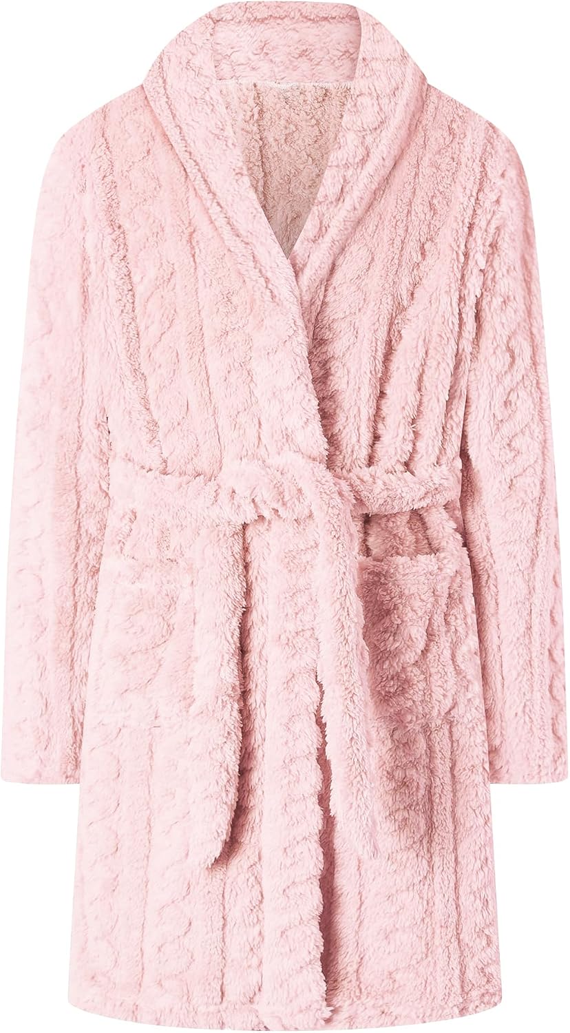 Girls Soft Fleece Bathrobe, Cable Plush Hoodless Warm Robes with Belt Pockets for Kids, 2-15Y