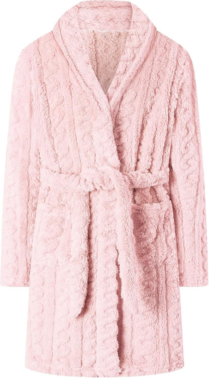 Girls Soft Fleece Bathrobe, Cable Plush Hoodless Warm Robes with Belt Pockets for Kids, 2-15Y