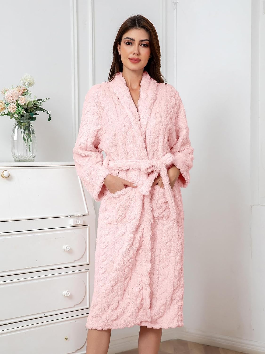 Girls Soft Fleece Bathrobe, Cable Plush Hoodless Warm Robes with Belt Pockets for Kids, 2-15Y