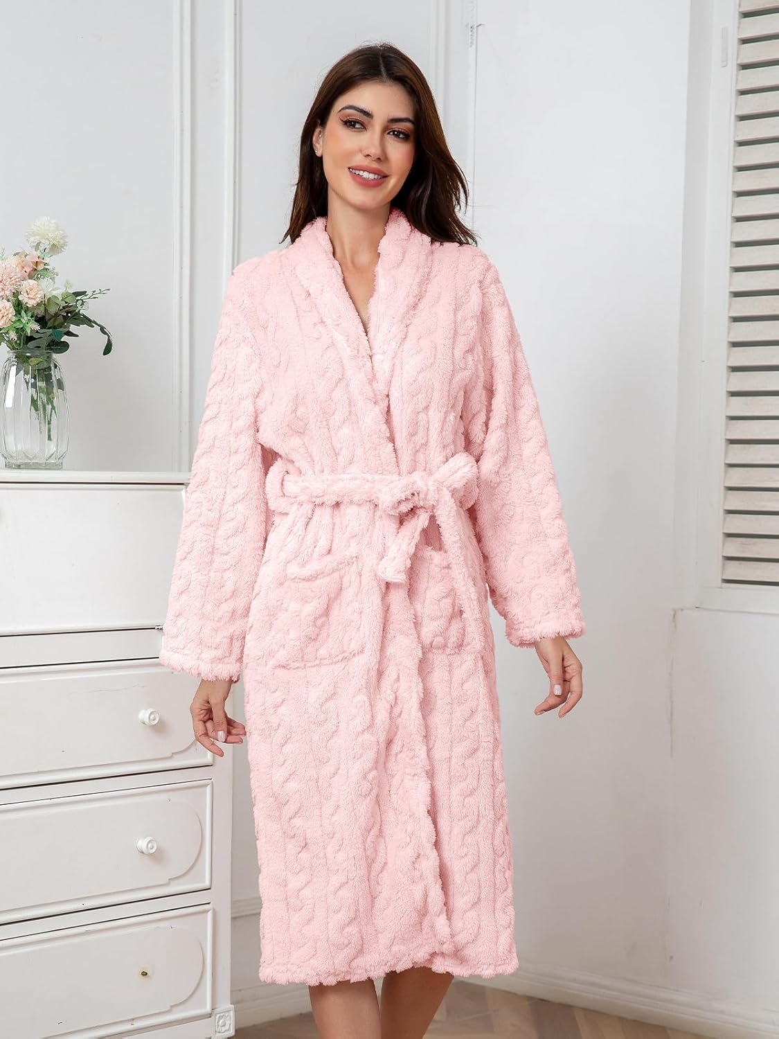Girls Soft Fleece Bathrobe, Cable Plush Hoodless Warm Robes with Belt Pockets for Kids, 2-15Y