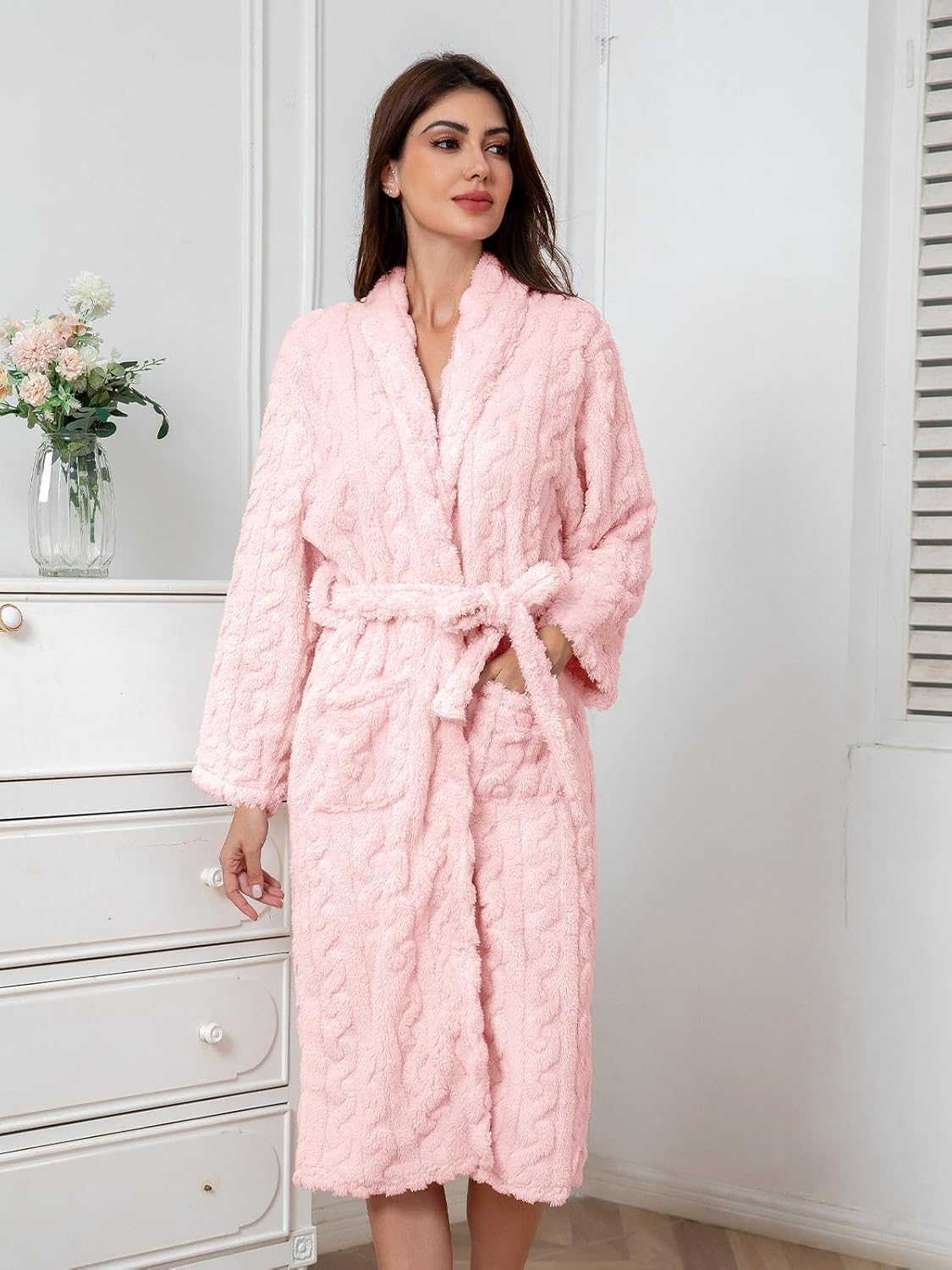 Girls Soft Fleece Bathrobe, Cable Plush Hoodless Warm Robes with Belt Pockets for Kids, 2-15Y