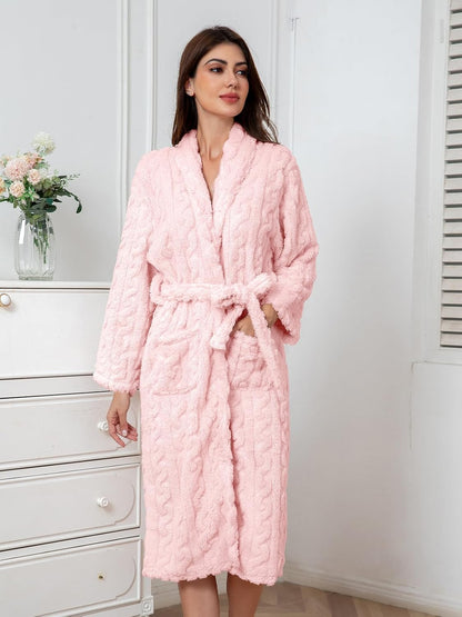 Girls Soft Fleece Bathrobe, Cable Plush Hoodless Warm Robes with Belt Pockets for Kids, 2-15Y