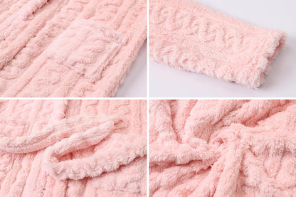 Girls Soft Fleece Bathrobe, Cable Plush Hoodless Warm Robes with Belt Pockets for Kids, 2-15Y