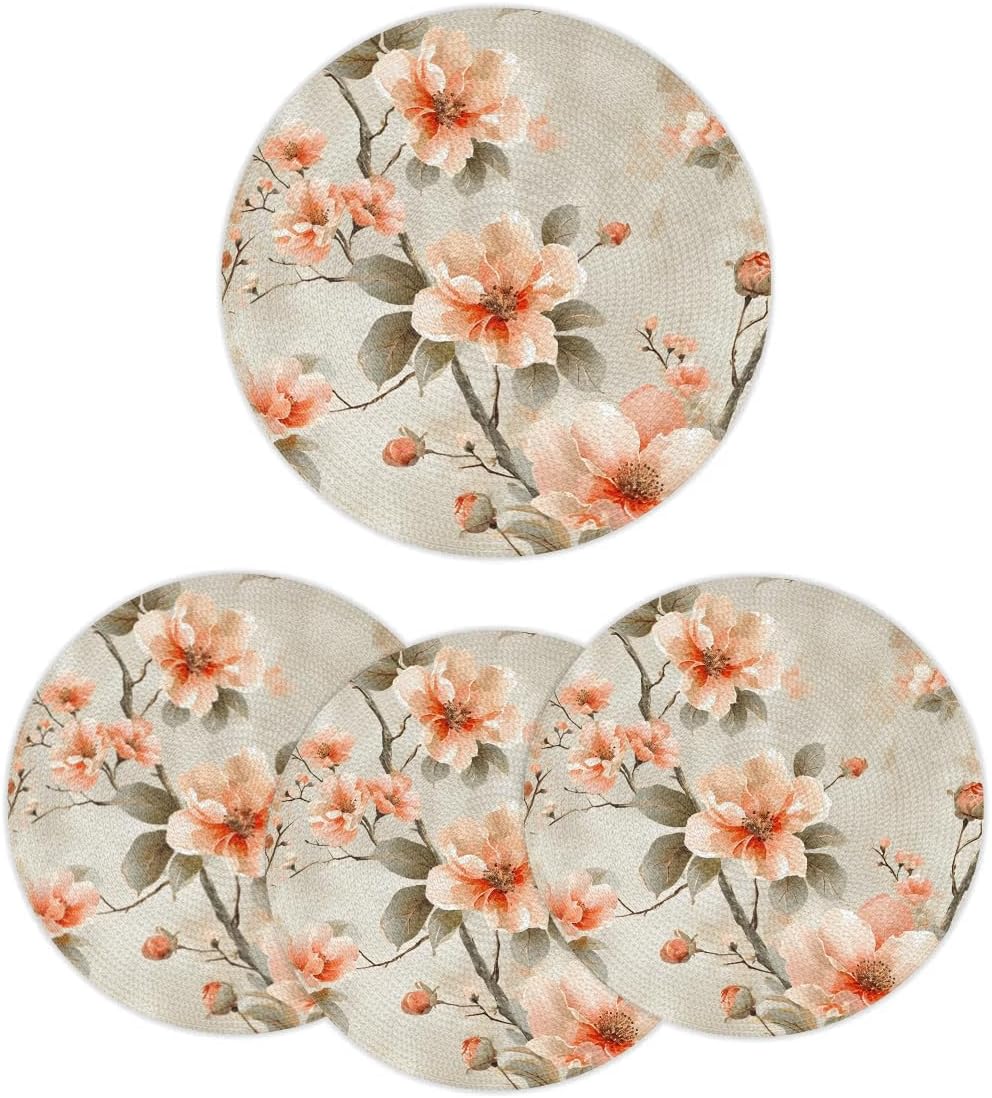 Peach Blossom Tree Round Placemats Sets, Circle Braided Place Mats for Dining, Washable Woven Braided Table Mats, Place Mats for Kitchen Decor