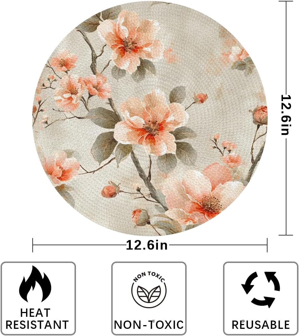 Peach Blossom Tree Round Placemats Sets, Circle Braided Place Mats for Dining, Washable Woven Braided Table Mats, Place Mats for Kitchen Decor