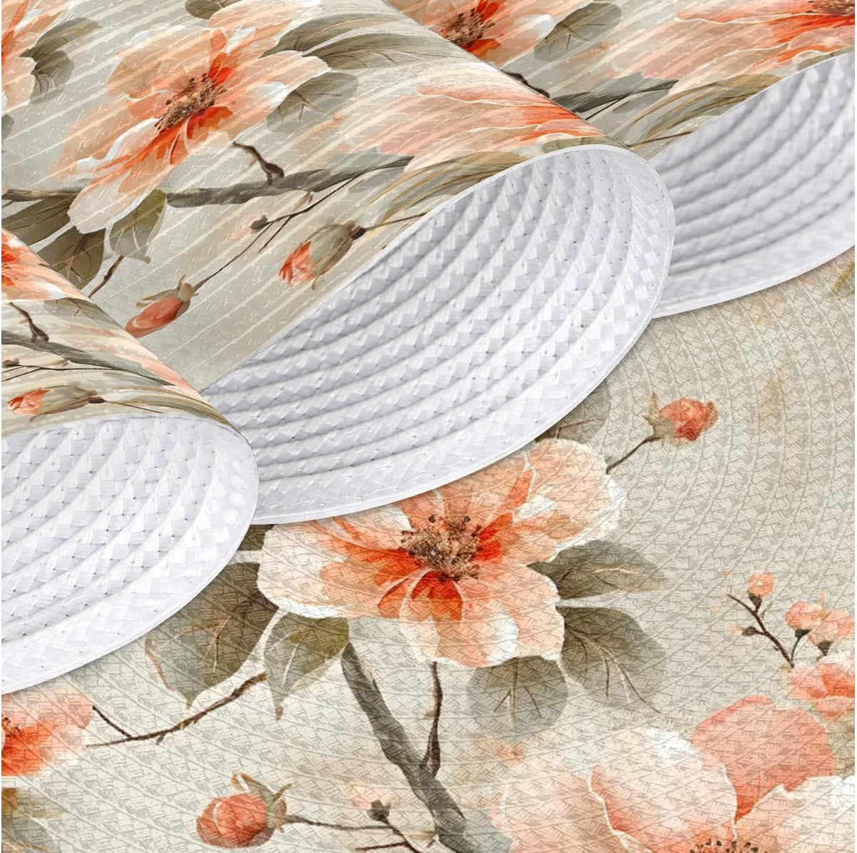 Peach Blossom Tree Round Placemats Sets, Circle Braided Place Mats for Dining, Washable Woven Braided Table Mats, Place Mats for Kitchen Decor
