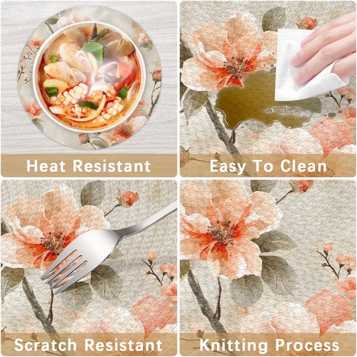 Peach Blossom Tree Round Placemats Sets, Circle Braided Place Mats for Dining, Washable Woven Braided Table Mats, Place Mats for Kitchen Decor