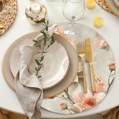Peach Blossom Tree Round Placemats Sets, Circle Braided Place Mats for Dining, Washable Woven Braided Table Mats, Place Mats for Kitchen Decor