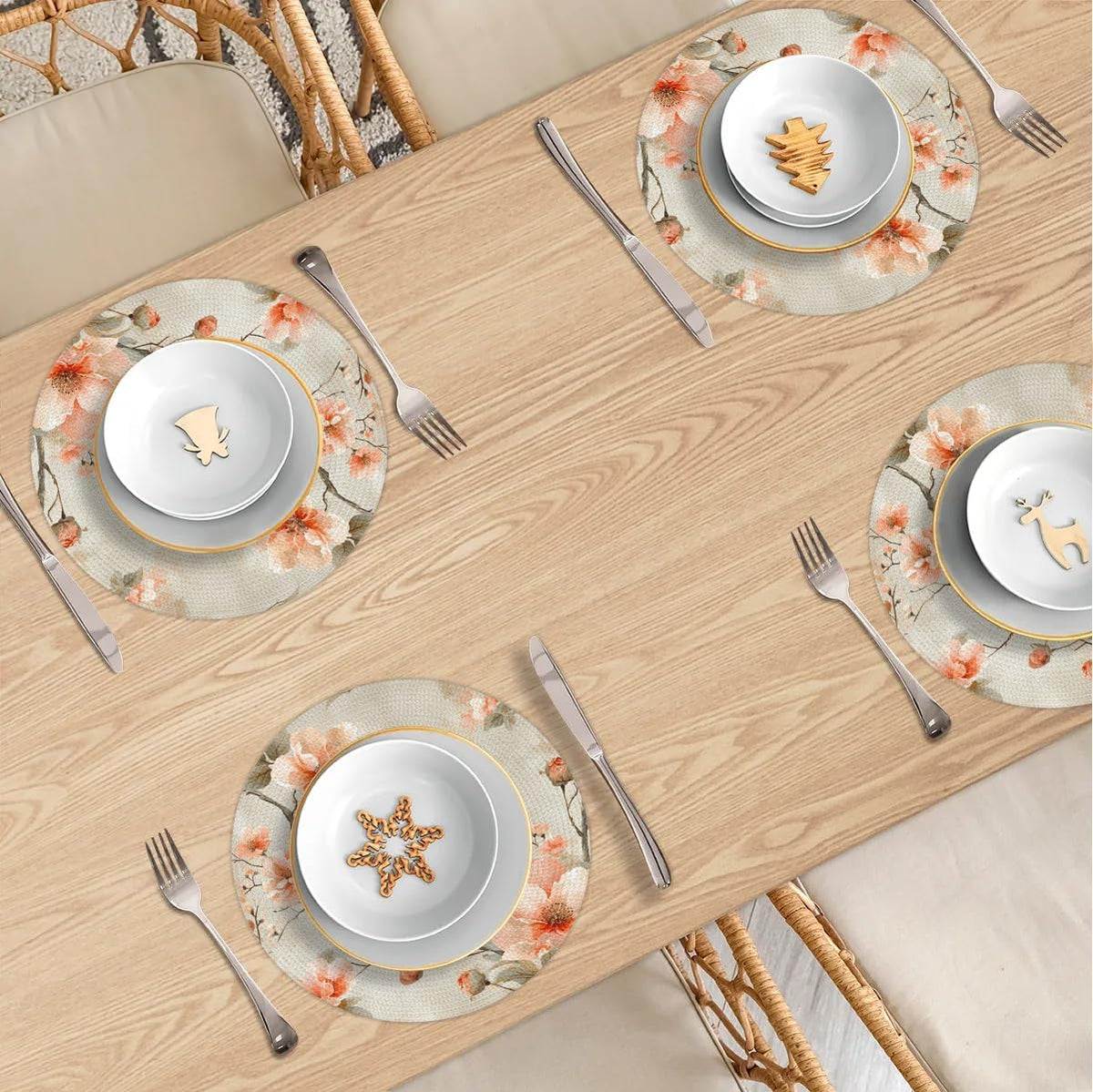 Peach Blossom Tree Round Placemats Sets, Circle Braided Place Mats for Dining, Washable Woven Braided Table Mats, Place Mats for Kitchen Decor