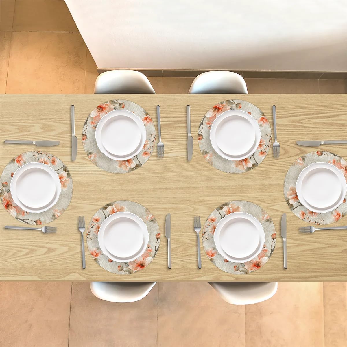 Peach Blossom Tree Round Placemats Sets, Circle Braided Place Mats for Dining, Washable Woven Braided Table Mats, Place Mats for Kitchen Decor