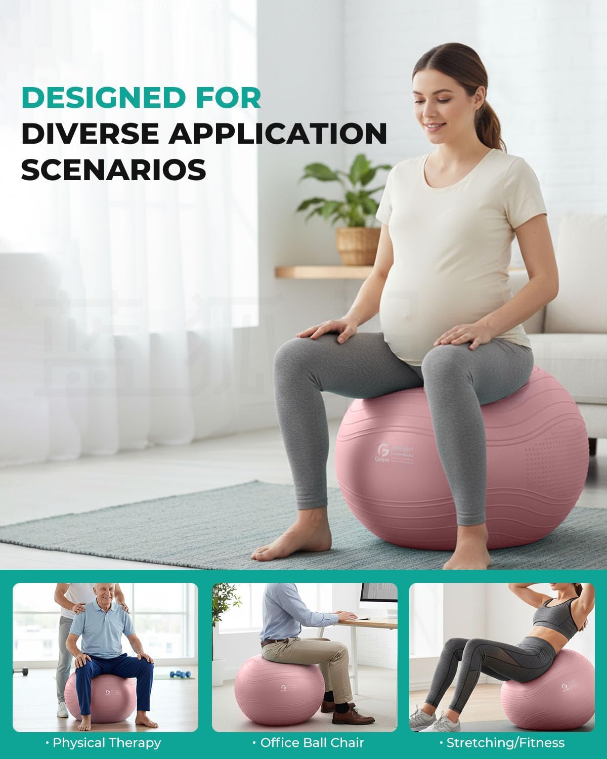 Yoga Ball, Extra Thick Exercise Ball for Workout Pregnancy Stability - 4 Sizes Anti Burst Balance Ball for Yoga, Pilates, Fitness, Birthing, Physical Therapy - Includes Pump