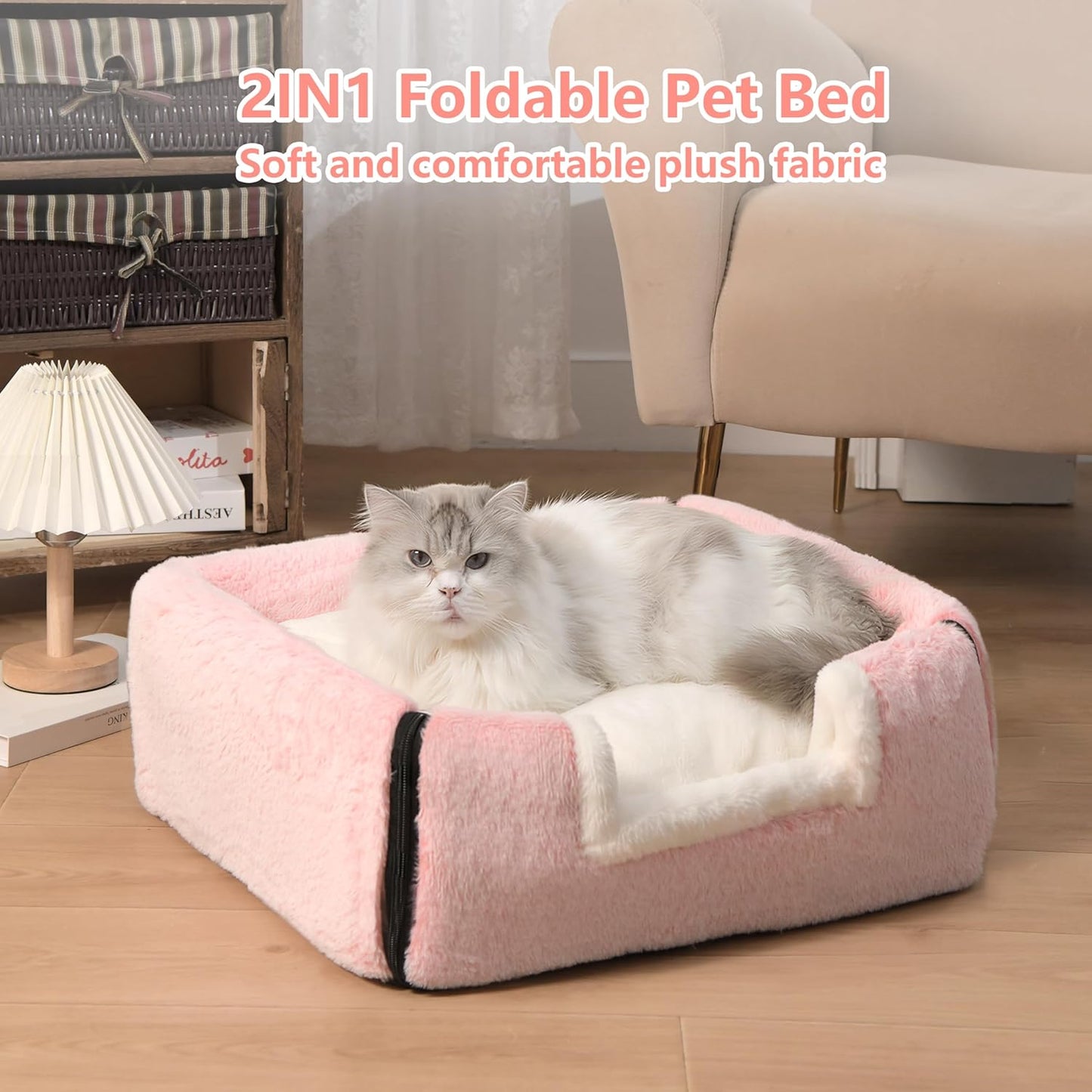 Cat Bed for Indoor Cats，Foldable cat cave，Anti-Slip & Water-Resistant Bottom，cat Houses for Indoor Cats or Small Dogs, Kitten Tent, Rabbit Bed，2 in 1 pet Bed (Pink)