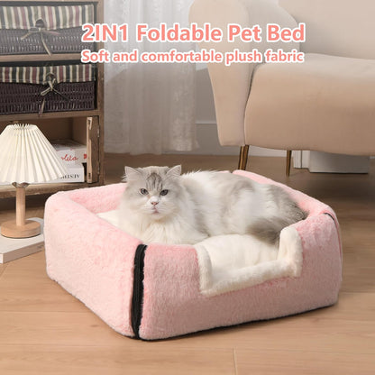 Cat Bed for Indoor Cats，Foldable cat cave，Anti-Slip & Water-Resistant Bottom，cat Houses for Indoor Cats or Small Dogs, Kitten Tent, Rabbit Bed，2 in 1 pet Bed (Pink)