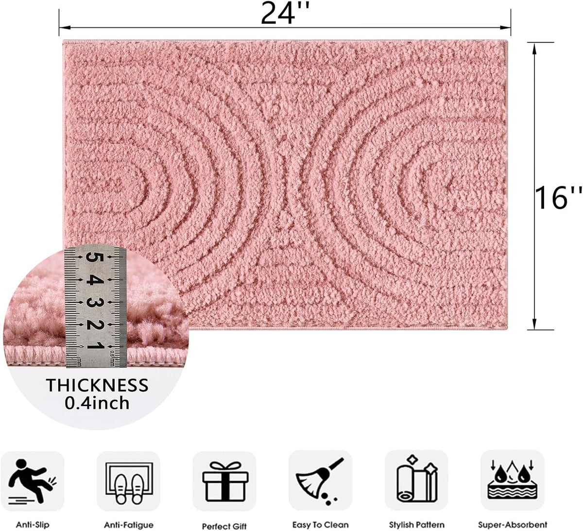 Pink Cute Bath Mat Non-Slip 16’’W x 24’’L Luxurious Modern Minimalist Rainbow Boho Tufted Kids Girls Bathroom Rugs Rubber Backed, Bohemian Geometric Bath Rug Microfiber Absorbent Floor Mat