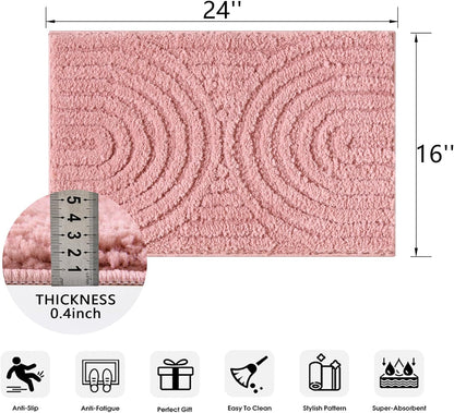 Pink Cute Bath Mat Non-Slip 16’’W x 24’’L Luxurious Modern Minimalist Rainbow Boho Tufted Kids Girls Bathroom Rugs Rubber Backed, Bohemian Geometric Bath Rug Microfiber Absorbent Floor Mat