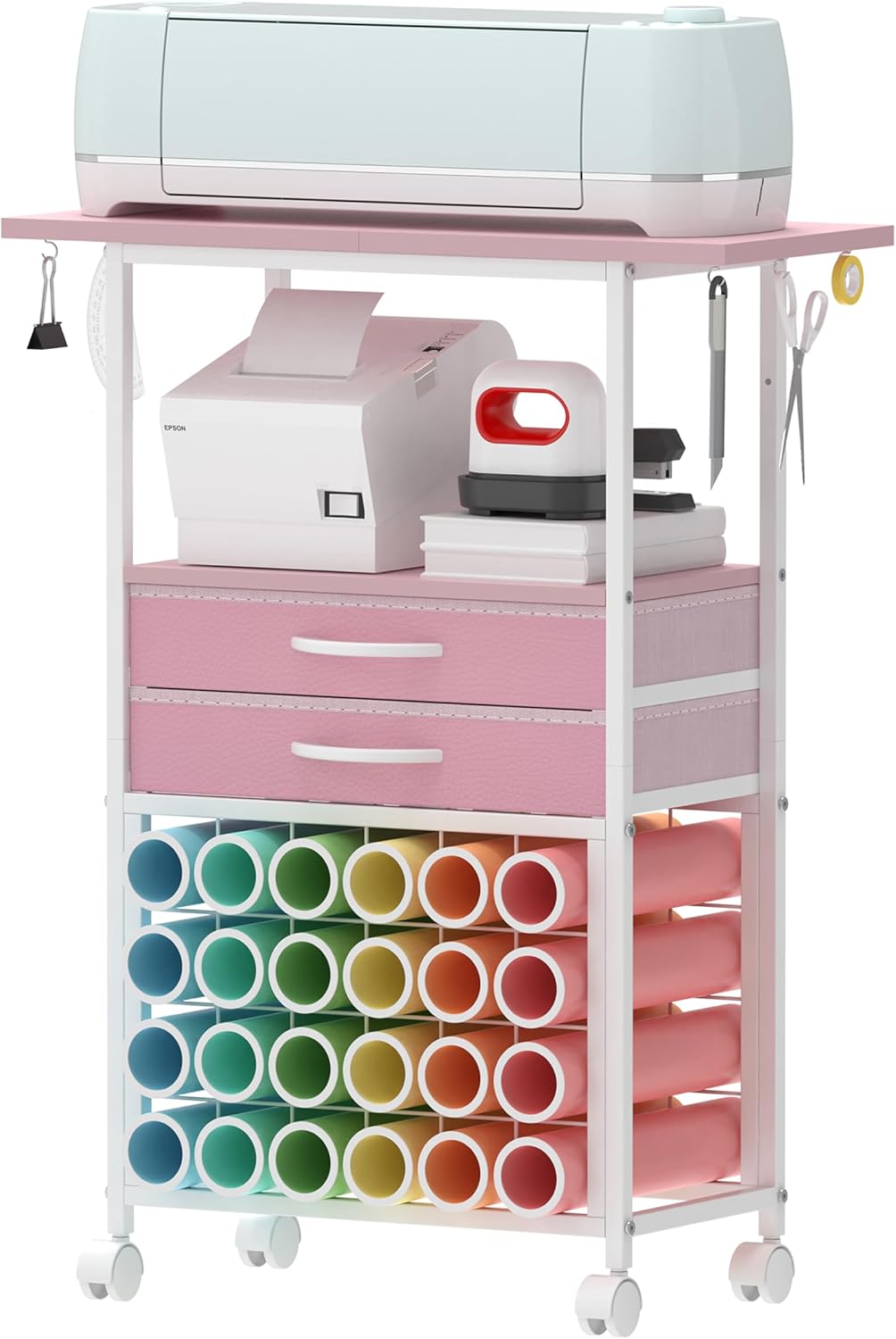 Organizer and Storage Stand Compatible with Cricut Machines, Rolling Storage Cart/Shelf with 24 Vinyl Roll Holders, 2 Fabric Drawer, Accessories Holder, Tool Hook for Craft Room Home (Pink)