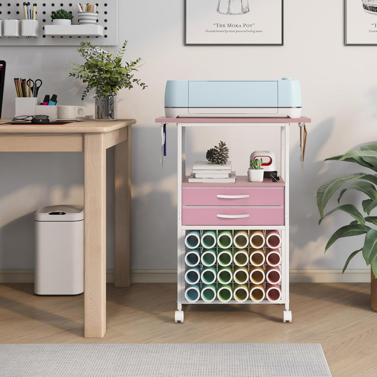 Organizer and Storage Stand Compatible with Cricut Machines, Rolling Storage Cart/Shelf with 24 Vinyl Roll Holders, 2 Fabric Drawer, Accessories Holder, Tool Hook for Craft Room Home (Pink)