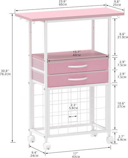 Organizer and Storage Stand Compatible with Cricut Machines, Rolling Storage Cart/Shelf with 24 Vinyl Roll Holders, 2 Fabric Drawer, Accessories Holder, Tool Hook for Craft Room Home (Pink)