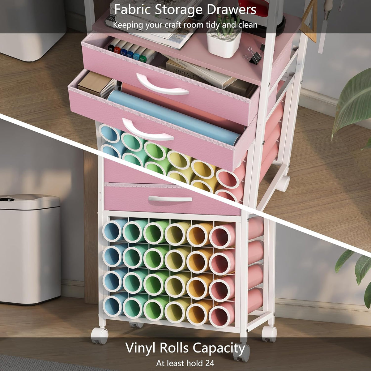 Organizer and Storage Stand Compatible with Cricut Machines, Rolling Storage Cart/Shelf with 24 Vinyl Roll Holders, 2 Fabric Drawer, Accessories Holder, Tool Hook for Craft Room Home (Pink)