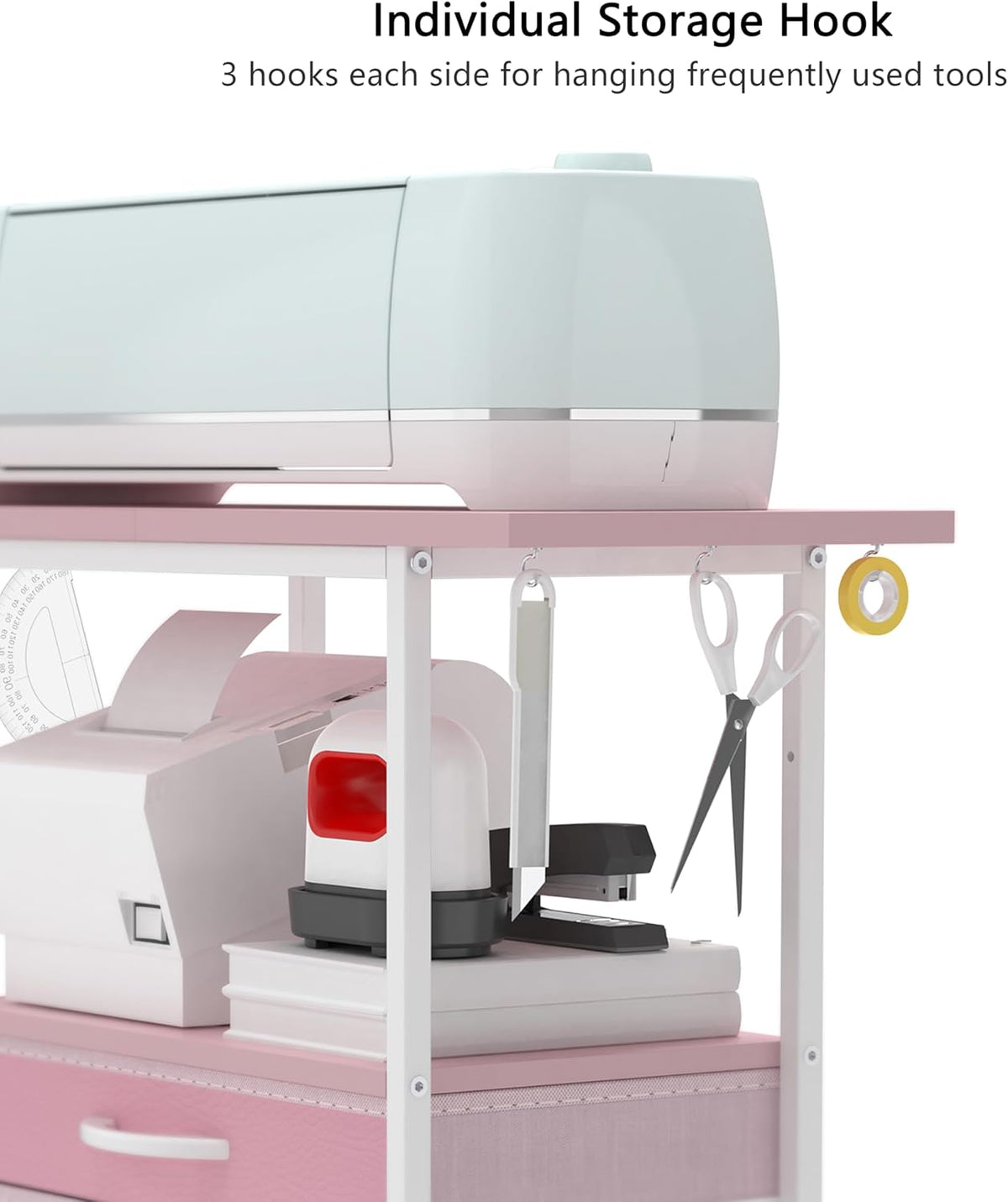 Organizer and Storage Stand Compatible with Cricut Machines, Rolling Storage Cart/Shelf with 24 Vinyl Roll Holders, 2 Fabric Drawer, Accessories Holder, Tool Hook for Craft Room Home (Pink)