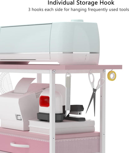 Organizer and Storage Stand Compatible with Cricut Machines, Rolling Storage Cart/Shelf with 24 Vinyl Roll Holders, 2 Fabric Drawer, Accessories Holder, Tool Hook for Craft Room Home (Pink)
