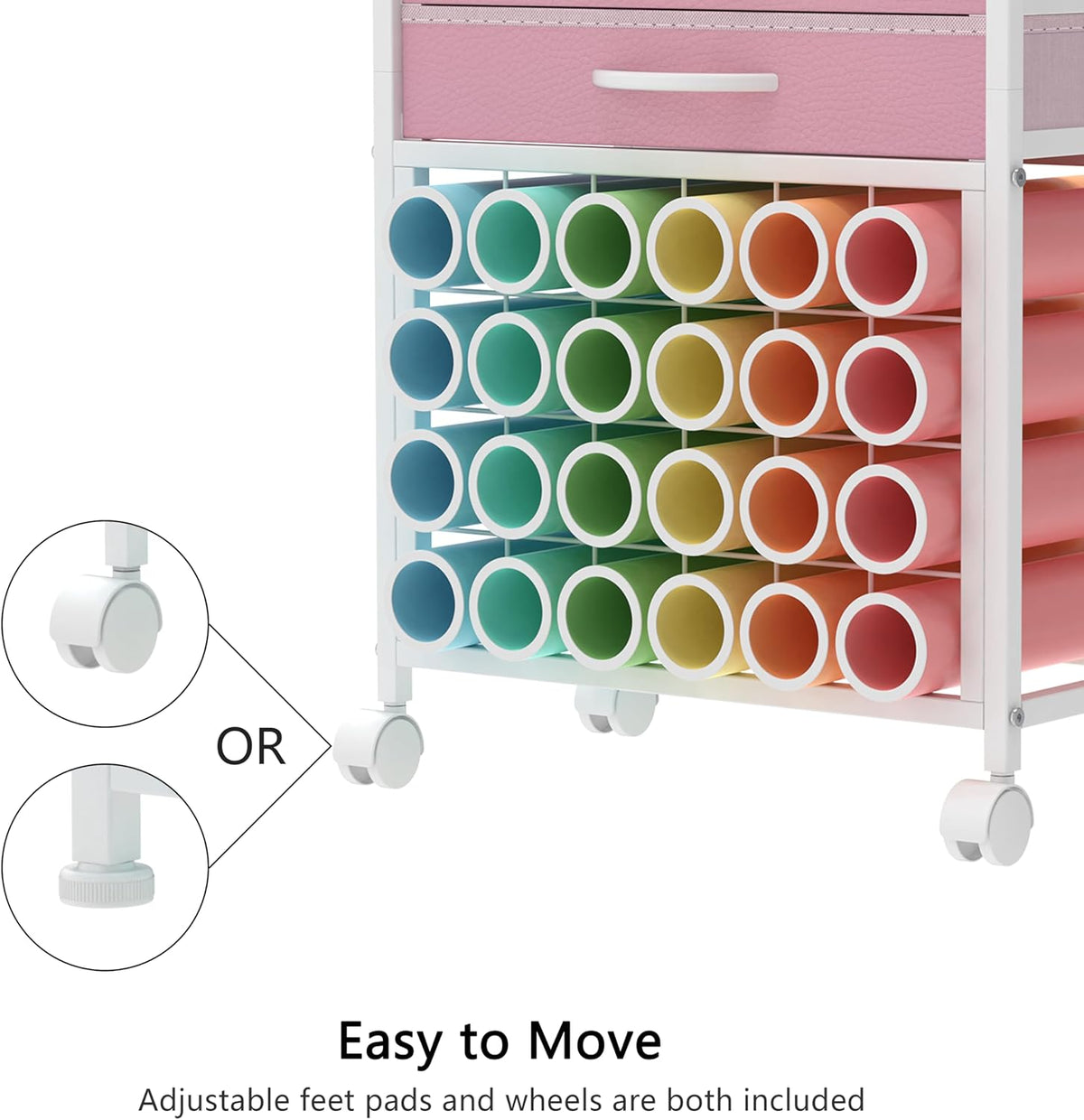 Organizer and Storage Stand Compatible with Cricut Machines, Rolling Storage Cart/Shelf with 24 Vinyl Roll Holders, 2 Fabric Drawer, Accessories Holder, Tool Hook for Craft Room Home (Pink)
