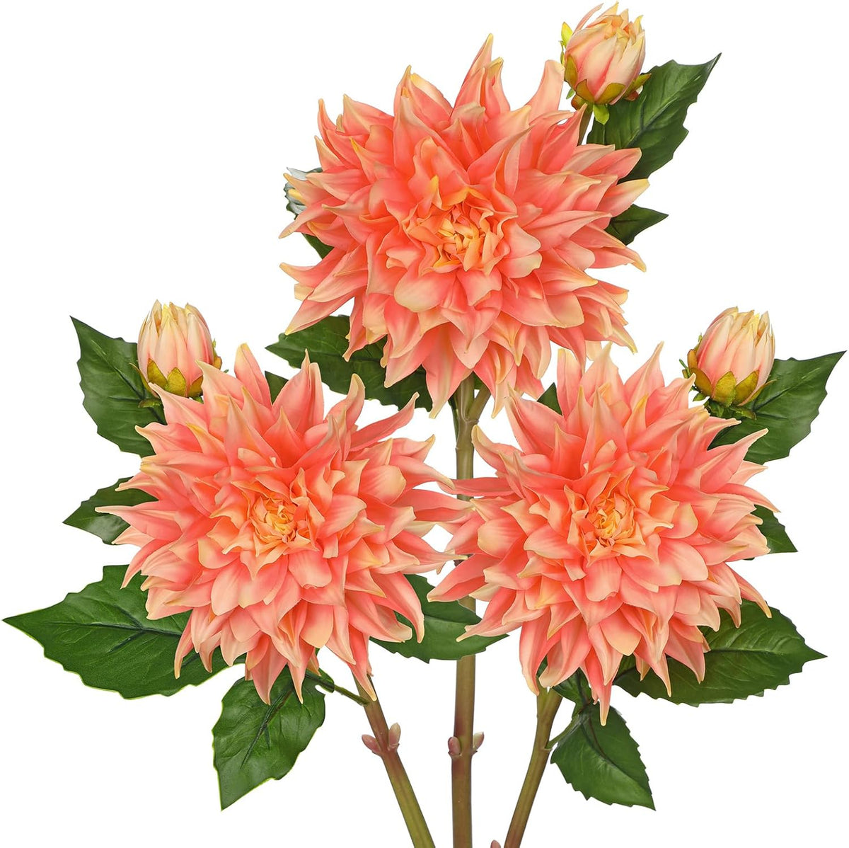 Artificial Dahlia Flowers – Set of 3 | 27.9" Tall Real-Touch Silk Dahlia Stems with Large 6.1" Blooms | Lifelike Peach Faux Flowers for Home Decor, Wedding, Centerpieces & Floral Arrangements