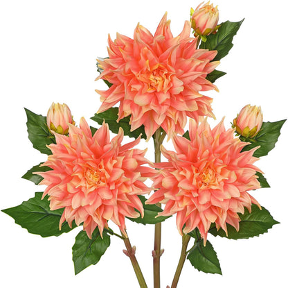 Artificial Dahlia Flowers – Set of 3 | 27.9" Tall Real-Touch Silk Dahlia Stems with Large 6.1" Blooms | Lifelike Peach Faux Flowers for Home Decor, Wedding, Centerpieces & Floral Arrangements