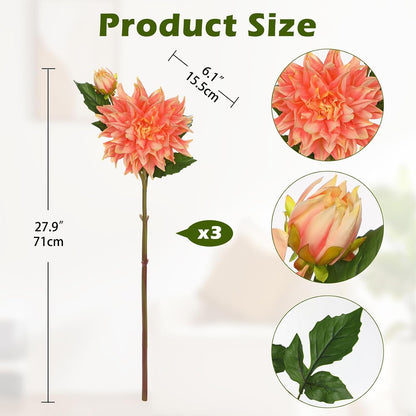 Artificial Dahlia Flowers – Set of 3 | 27.9" Tall Real-Touch Silk Dahlia Stems with Large 6.1" Blooms | Lifelike Peach Faux Flowers for Home Decor, Wedding, Centerpieces & Floral Arrangements
