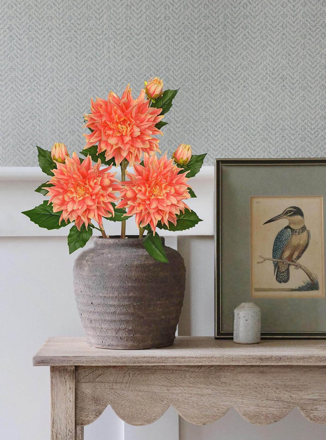 Artificial Dahlia Flowers – Set of 3 | 27.9" Tall Real-Touch Silk Dahlia Stems with Large 6.1" Blooms | Lifelike Peach Faux Flowers for Home Decor, Wedding, Centerpieces & Floral Arrangements