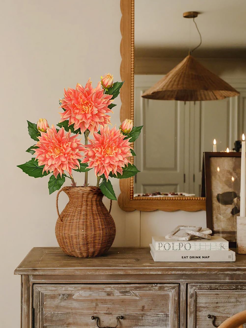 Artificial Dahlia Flowers – Set of 3 | 27.9" Tall Real-Touch Silk Dahlia Stems with Large 6.1" Blooms | Lifelike Peach Faux Flowers for Home Decor, Wedding, Centerpieces & Floral Arrangements