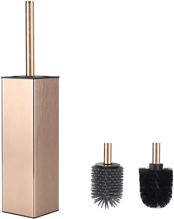 Standing Toilet Brush and Holder Rose Gold Aluminium Toilet Bowl Cleaner Brush and Holder for Bathroom Storage and Organization, Square Design Sturdy and Space Saving