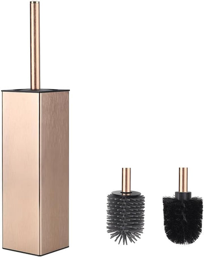 Standing Toilet Brush and Holder Rose Gold Aluminium Toilet Bowl Cleaner Brush and Holder for Bathroom Storage and Organization, Square Design Sturdy and Space Saving
