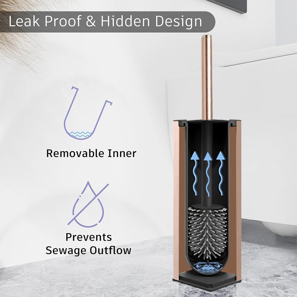 Standing Toilet Brush and Holder Rose Gold Aluminium Toilet Bowl Cleaner Brush and Holder for Bathroom Storage and Organization, Square Design Sturdy and Space Saving