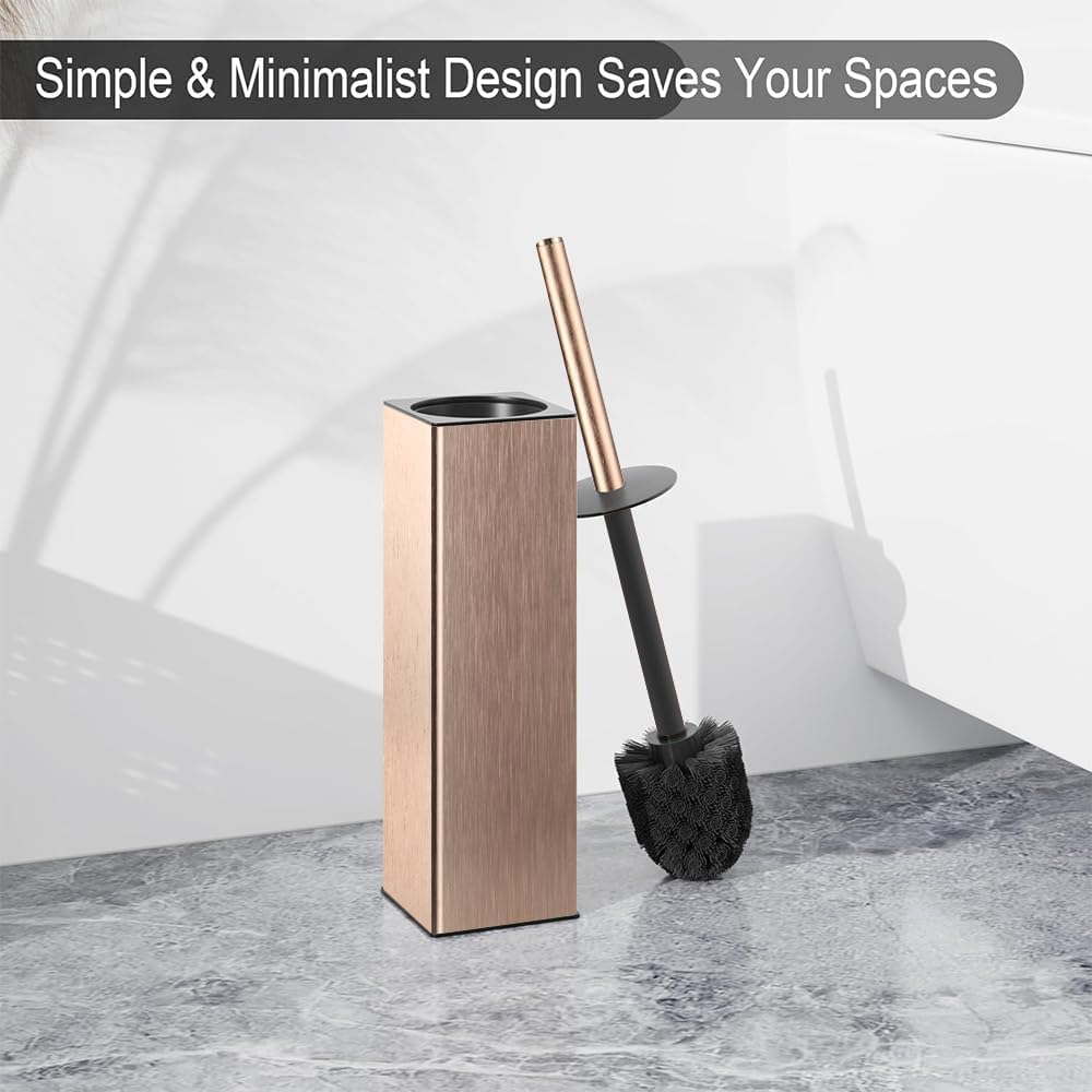 Standing Toilet Brush and Holder Rose Gold Aluminium Toilet Bowl Cleaner Brush and Holder for Bathroom Storage and Organization, Square Design Sturdy and Space Saving