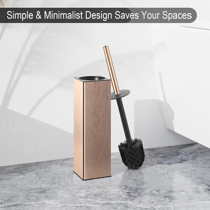Standing Toilet Brush and Holder Rose Gold Aluminium Toilet Bowl Cleaner Brush and Holder for Bathroom Storage and Organization, Square Design Sturdy and Space Saving