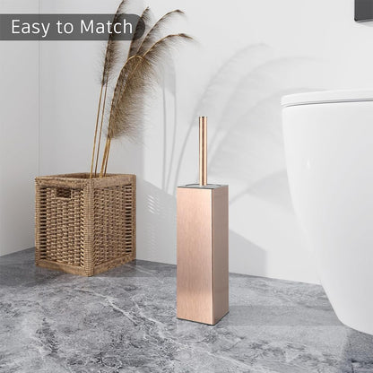 Standing Toilet Brush and Holder Rose Gold Aluminium Toilet Bowl Cleaner Brush and Holder for Bathroom Storage and Organization, Square Design Sturdy and Space Saving