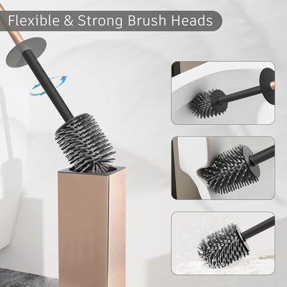 Standing Toilet Brush and Holder Rose Gold Aluminium Toilet Bowl Cleaner Brush and Holder for Bathroom Storage and Organization, Square Design Sturdy and Space Saving