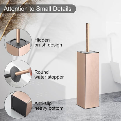 Standing Toilet Brush and Holder Rose Gold Aluminium Toilet Bowl Cleaner Brush and Holder for Bathroom Storage and Organization, Square Design Sturdy and Space Saving