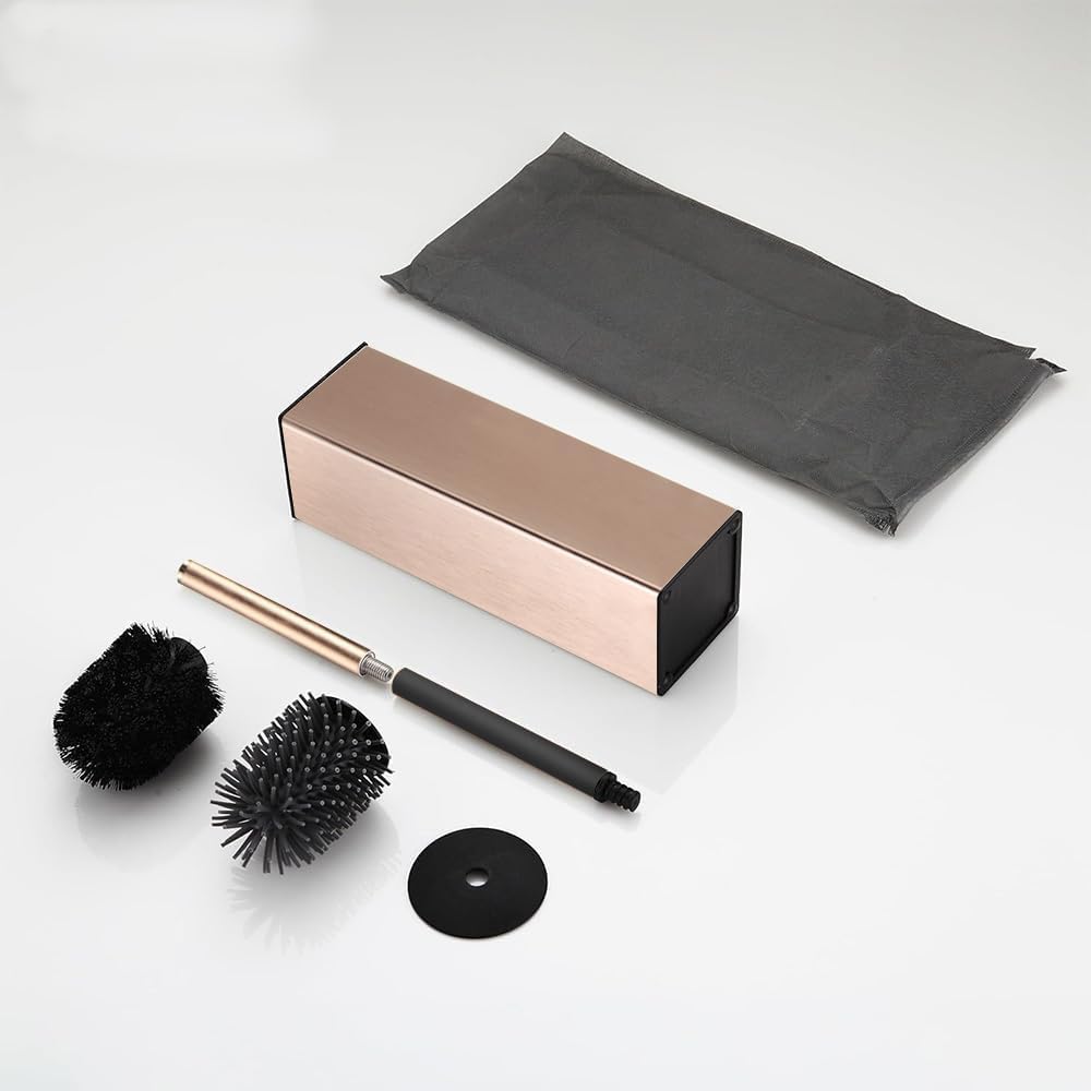 Standing Toilet Brush and Holder Rose Gold Aluminium Toilet Bowl Cleaner Brush and Holder for Bathroom Storage and Organization, Square Design Sturdy and Space Saving