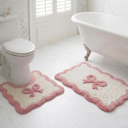 Pink Bow Bathroom Rug Set, 2 Piece Coquette Bath Mats, Non Slip Absorbent