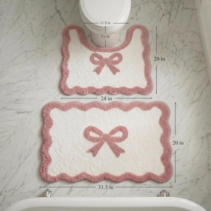Pink Bow Bathroom Rug Set, 2 Piece Coquette Bath Mats, Non Slip Absorbent