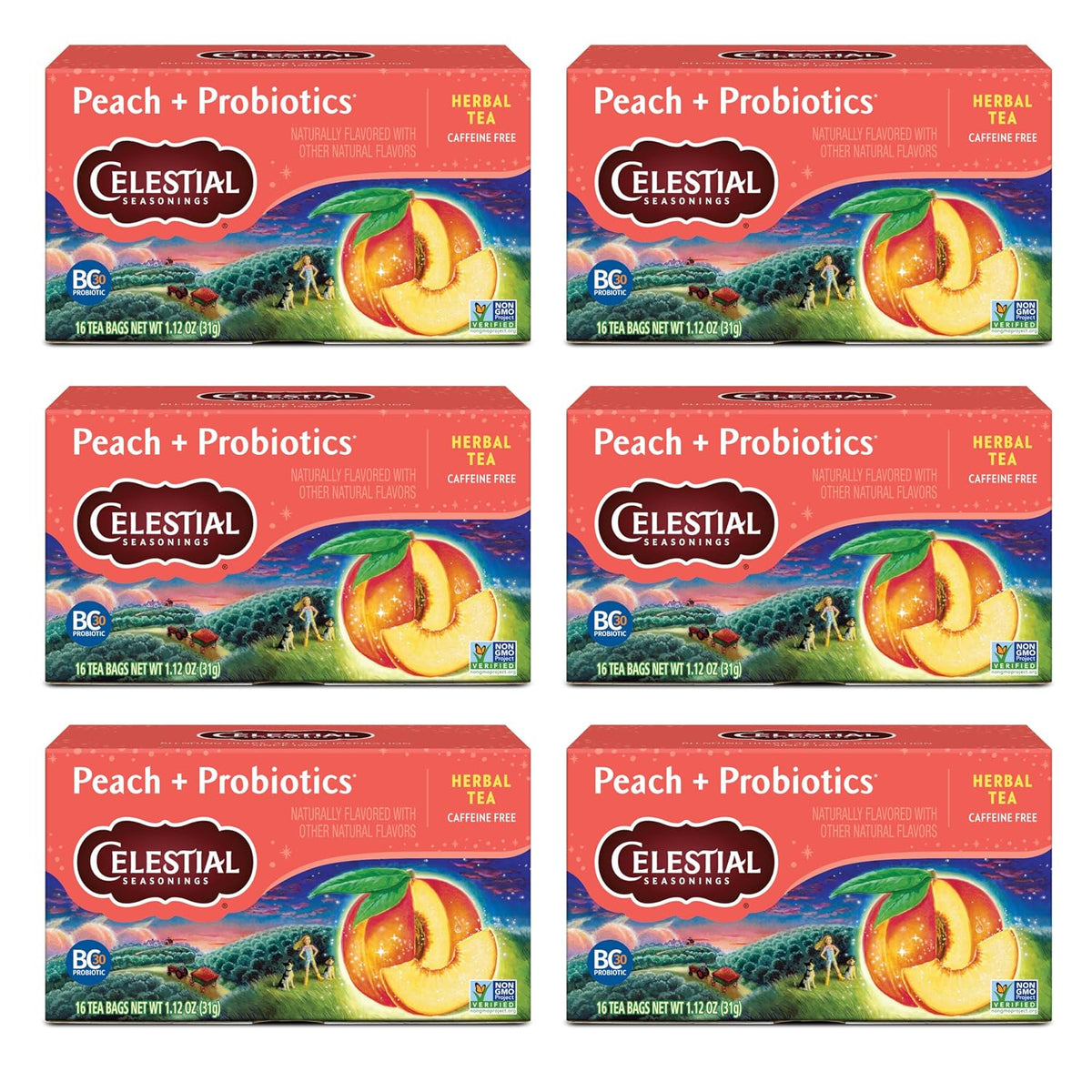 Peach + Probiotics Herbal Tea, Caffeine Free, 16 Tea Bags Box (Pack of 6)