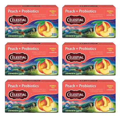 Peach + Probiotics Herbal Tea, Caffeine Free, 16 Tea Bags Box (Pack of 6)