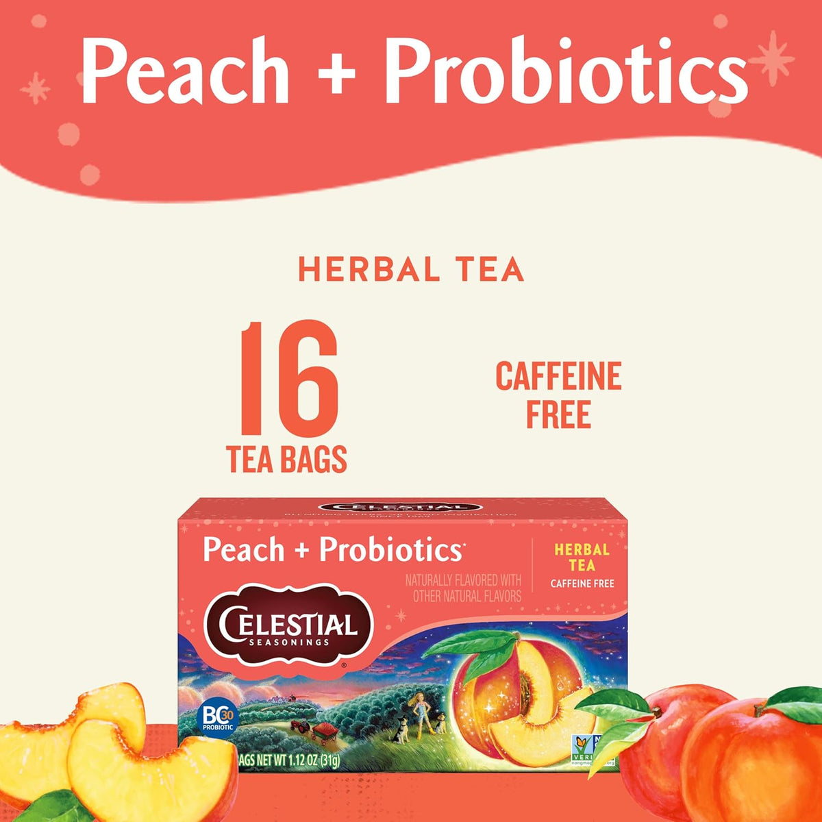 Peach + Probiotics Herbal Tea, Caffeine Free, 16 Tea Bags Box (Pack of 6)