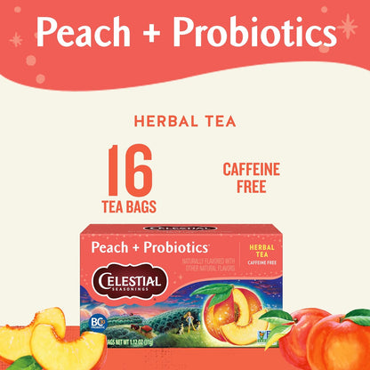 Peach + Probiotics Herbal Tea, Caffeine Free, 16 Tea Bags Box (Pack of 6)